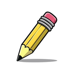 Yellow graphite drawing pencil with pink eraser - cartoon style illustration