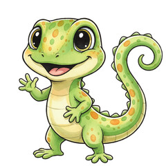 Green gecko or lizard with large, sparkling eyes, big smile, long patterned tail, standing and happily waving hand paw vector illustration. © SunwArt