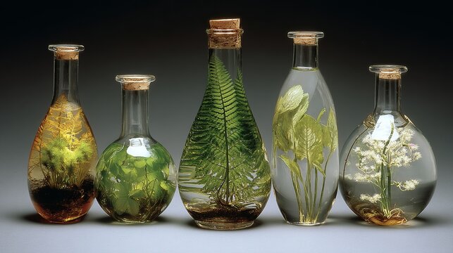 Captivating terrariums showcasing vibrant botanical specimens preserved in clear glass bottles, perfect for nature-inspired decor and scientific displays.