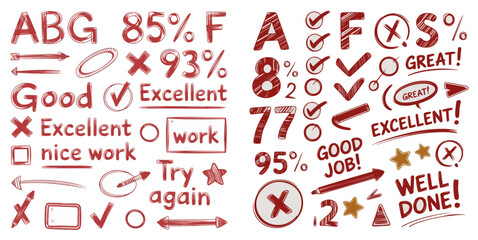 Exam grade test red pen mark set. Crayon school test results different hand drawn signs. Teacher scores of student homework. Vector handwritten scribble marker academic symbols on white background