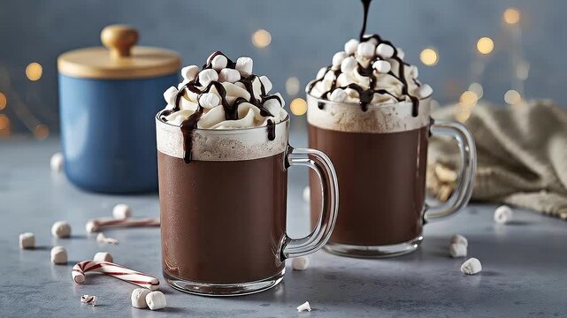 A close-up shot of two inviting mugs filled with rich, dark hot chocolate, generously topped with fluffy whipped cream, drizzled with glistening chocolate syrup, and adorned with miniature marshmallow