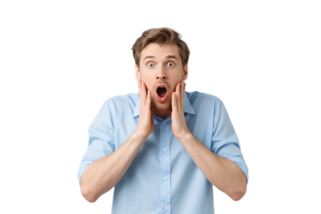 A man in a blue shirt with a surprised expression, wide open mouth, and hands on his cheeks against a white background.