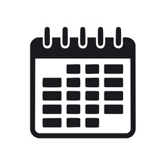 Minimalist black and white calendar icon with a grid of dates and spiral binding