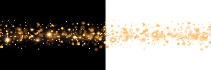 Christmas dust glowing bokeh confetti light and glitter texture overlay for your design. Festive sparkling gold dust png. Holiday powder dust for cards, invitations, banners