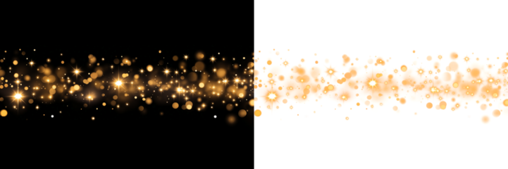 Christmas dust glowing bokeh confetti light and glitter texture overlay for your design. Festive sparkling gold dust png. Holiday powder dust for cards, invitations, banners