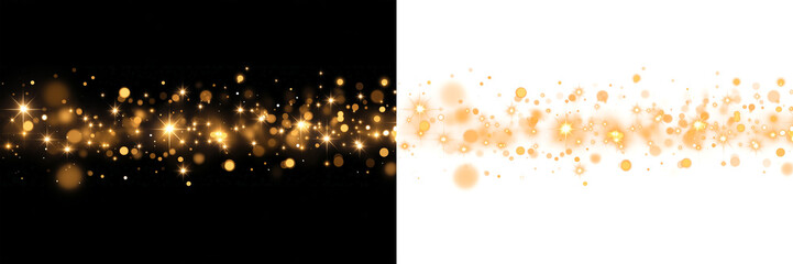 Christmas dust glowing bokeh confetti light and glitter texture overlay for your design. Festive sparkling gold dust png. Holiday powder dust for cards, invitations, banners