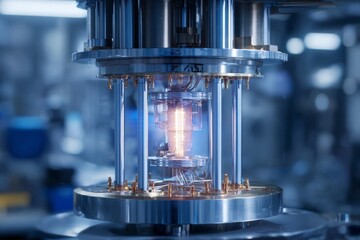 A bright light pulses from a quantum computing device in a modern laboratory. Technicians work carefully around sophisticated equipment, demonstrating advanced technology