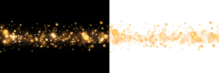 Christmas dust glowing bokeh confetti light and glitter texture overlay for your design. Festive sparkling gold dust png. Holiday powder dust for cards, invitations, banners