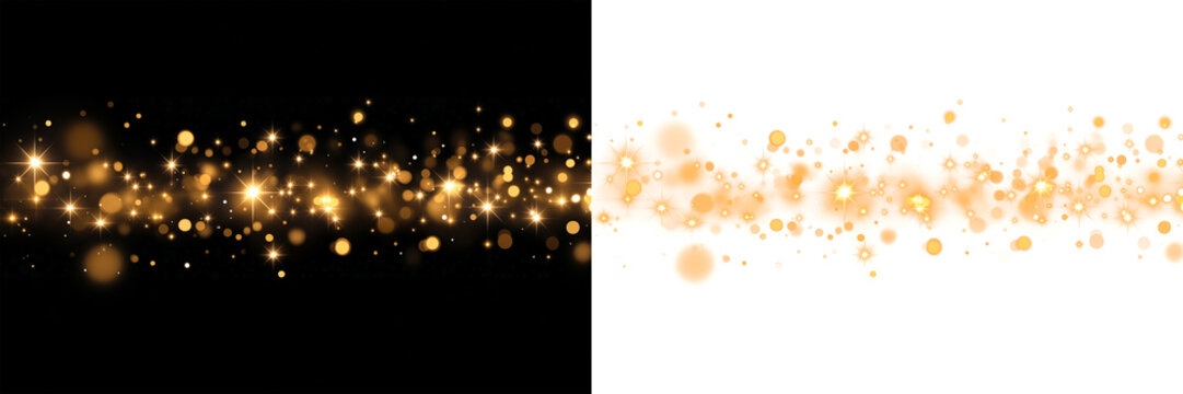 Christmas dust glowing bokeh confetti light and glitter texture overlay for your design. Festive sparkling gold dust png. Holiday powder dust for cards, invitations, banners - Powered by Adobe