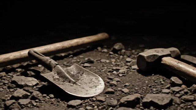 A lantern illuminates old, abandoned mining tools on the dark ground.