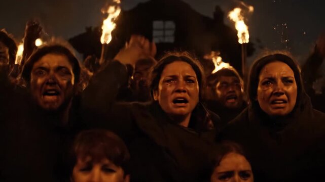 An angry mob of peasants with torches shouts in protest at night.