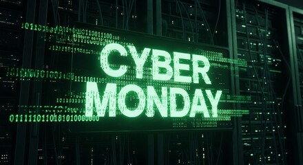Fototapeta premium Cyber Monday graphic in binary code against server racks background. Great for advertising, promotion, social media campaigns and marketing materials. Tech sale banner.
