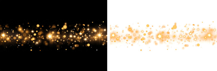 Christmas dust glowing bokeh confetti light and glitter texture overlay for your design. Festive sparkling gold dust png. Holiday powder dust for cards, invitations, banners