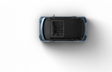 Realistic 3D render of a bluish-gray colored small electric car, top down 90 degree view, transparent background.