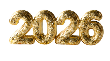 Golden metallic 2026 digits arranged in elegant 3D style, surrounded by scattered golden confetti and tiny reflective sparkles, casting soft shadows for realism, isolated on white background