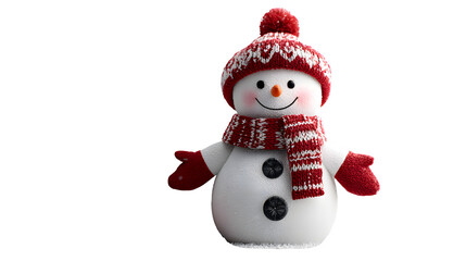 Happy 3D snowman wearing red mittens and scarf, standing next to a frosted white Christmas tree and wrapped red gifts, holiday banner concept for winter celebration, isolated on white background