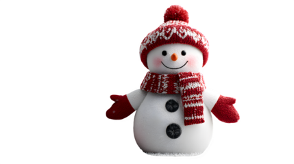 Happy 3D snowman wearing red mittens and scarf, standing next to a frosted white Christmas tree and wrapped red gifts, holiday banner concept for winter celebration, isolated on white background