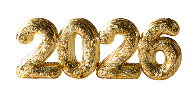 Golden metallic 2026 digits arranged in elegant 3D style, surrounded by scattered golden confetti and tiny reflective sparkles, casting soft shadows for realism, isolated on white background