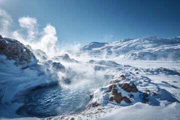 Vibrant hot spring surrounded by snow on a winter day with steam rising into the crisp air. The mountains in the background create a stunning view, highlighting natures beauty