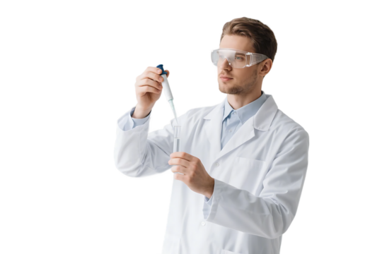 A scientist in a lab coat uses a pipette for precise liquid handling in a scientific experiment.