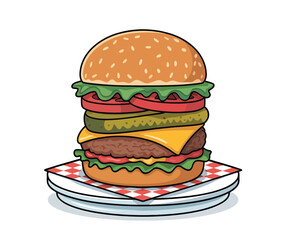 A cartoon illustration of a very tall and delicious looking burger stack