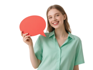 A young woman in a green shirt holds a red speech bubble, smiling, representing communication and positive expression.