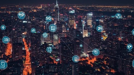 A glowing cityscape at night, connected by digital icons representing a network - Powered by Adobe