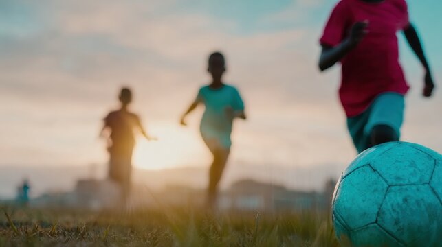 Children playing soccer at sunset in an urban park - Powered by Adobe