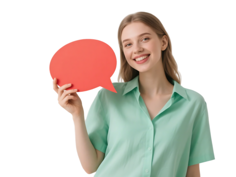 A young woman in a green shirt holds a red speech bubble, smiling, representing communication and positive expression.