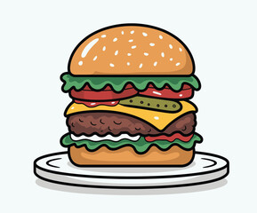Cartoon illustration of a burger with all the fixings on a white plate