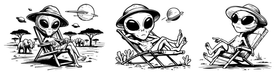 Sun‑hat alien lounging in meadow deck chair with grazing sheep and distant UFO, whimsical black‑and‑white cartoon illustration