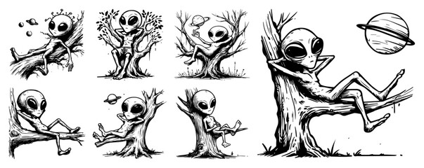 Playful alien and tree interactions collection – extraterrestrial climbing, sitting, relaxing on trunks in quirky ink sketches © Luka
