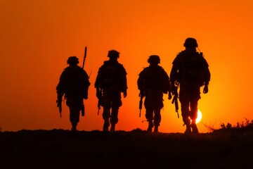 Four soldiers march in silhouette against a brilliant orange sunset, creating a striking contrast. The scene captures their solidarity and determination during an evening patrol