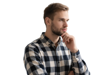 A young man in a checkered shirt is deep in thought, looking away against a white background.