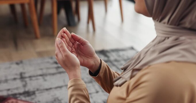 Hands, woman and praying salah at house for gratitude, islamic faith and worship Allah on Eid. Muslim, female person and dua of spiritual belief, religious devotion and praise to God with holy prayer
