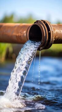 Water discharging from rustic metal pipe flows into river stream, industrial wastewater pipeline release, liquid pouring into nature