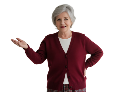 Elderly woman wearing maroon cardigan gesturing with her hand, showcasing a friendly and inviting pose.