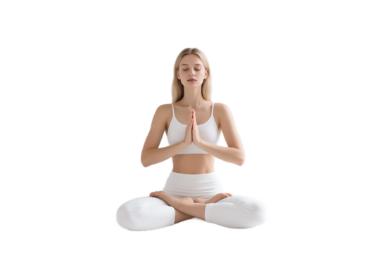 A woman in white sportswear sits in lotus position, meditating with hands in prayer gesture, promoting relaxation and mindfulness. - Powered by Adobe
