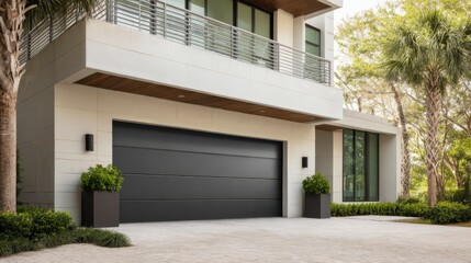 Modern House Entrance: A contemporary residential entrance showcases a sleek design, featuring a minimalist facade, a modern garage door, and lush landscaping.