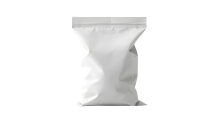Photorealistic white matte pillow pouch snack bag mockup PNG with soft shadows and transparent background for clean product packaging design presentations.