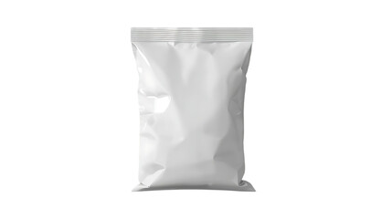 Photorealistic white matte pillow pouch snack bag mockup PNG with soft shadows and transparent background for clean product packaging design presentations.