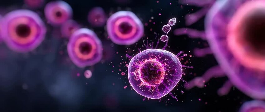 3D animation of a biological cell in a microscopic view. Detailed visualization of a nucleus and membrane undergoing a cellular process. Medical science, biotechnology, and research concept
