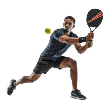Action shot padle tennis player hitting a yellow ball competitive sports fitness training athleticism transparent background