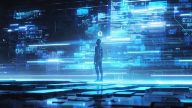 A cinematic vision of futuristic holographic technology glows with cyberpunk energy, featuring interactive 3D graphics and advanced interfaces reminiscent of Minority Report&rsquo;s immersive digital future