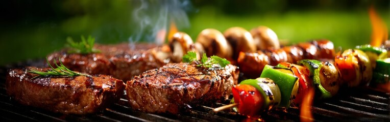Juicy steaks sizzle on a barbecue grill alongside vibrant vegetable skewers and mushrooms. The scene is set outdoors with green grass and a bright sky, perfect for summer gatherings
