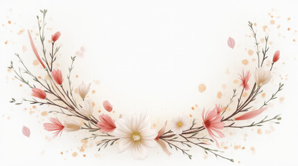 Floral wreath illustration with soft pink and white flowers and branches  