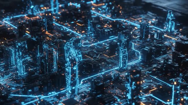 Abstract digital city glowing with neon blue and orange lights, interconnected pathways