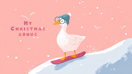 Naklejka premium Illustration of a cheerful duck snowboarding with a festive hat in a winter wonderland scene