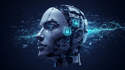 Futuristic AI head with glowing circuitry, data streams, and security icons in a dark digital space - Powered by Adobe