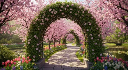 Arched garden path lined with spring blossoms and colorful flowers, serene
